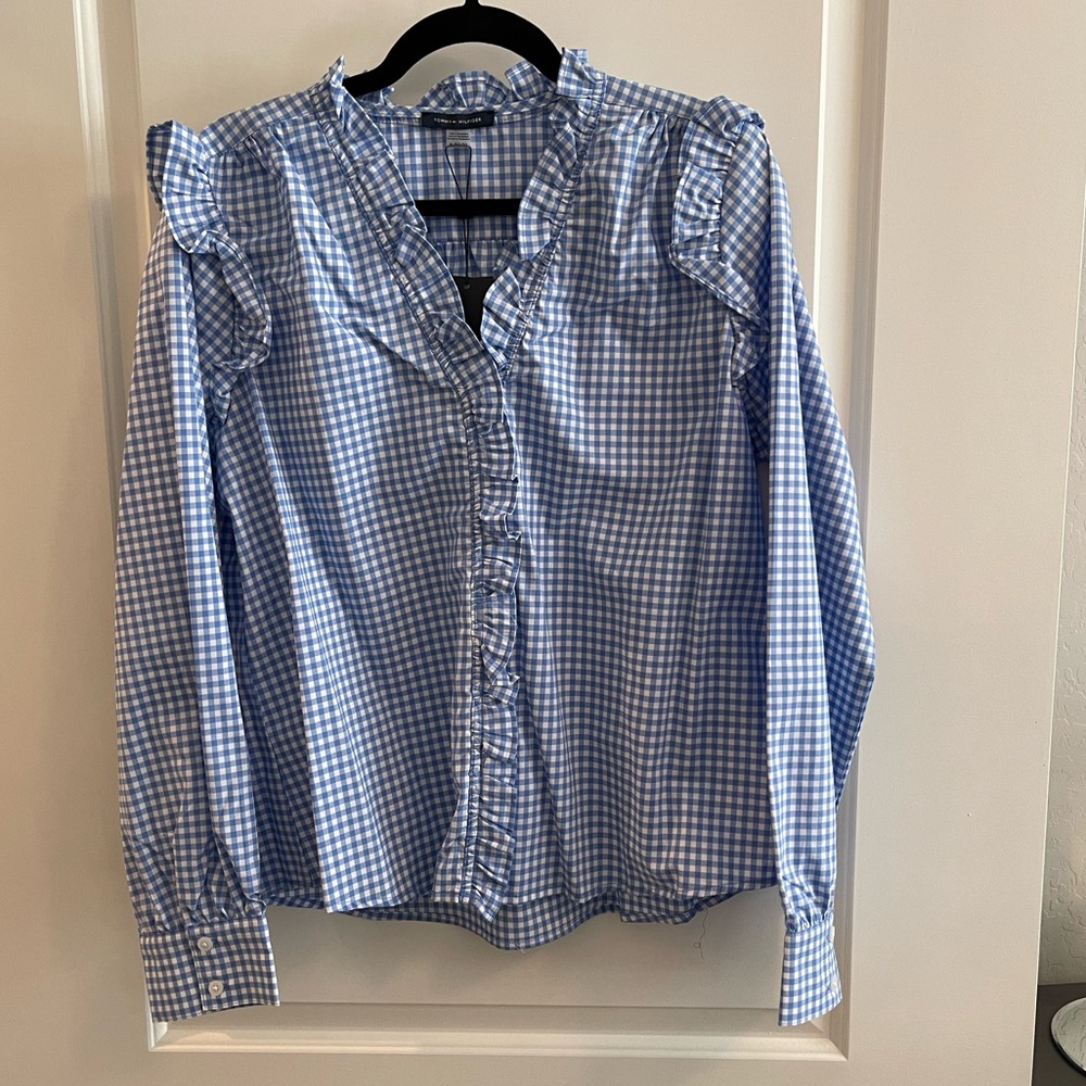 Tommy Hilfiger Women's Gingham Light Blue and White with Ruffles Blouse Size XL